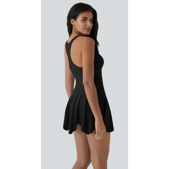 Halara Deep V Neck Racerback 2-in-1 Side Pocket Flare Mini Casual Dress - Picture 1 of 12